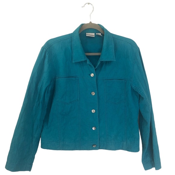 Chico’s All Cotton Cropped Jacket Quilted Adjustable Fit Front Pockets Turquoise - Picture 1 of 10